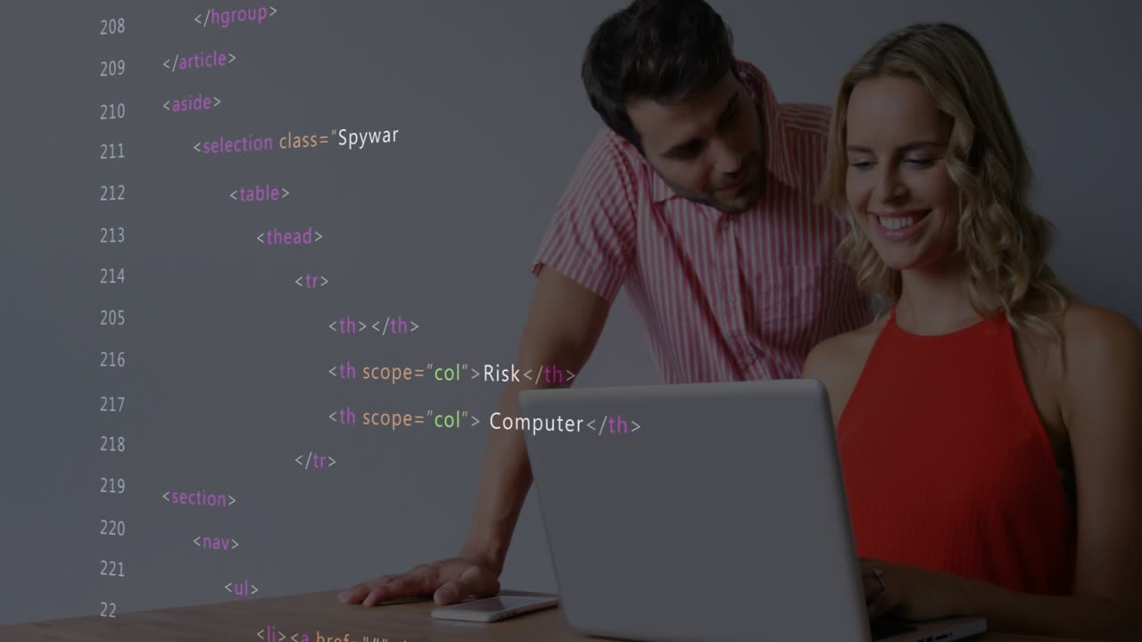 Woman typing laptop near phone while man leaning causing security code overlay and checking risks