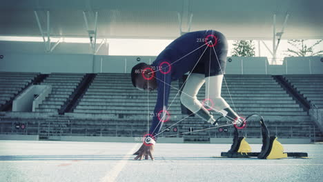 network of connections and an athlete with prosthetic legs in starting blocks beginning a race