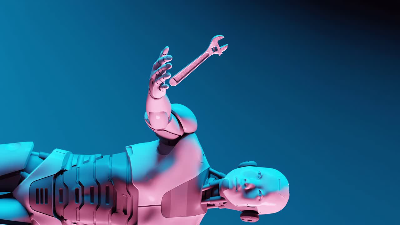 robot 3d con una llave inglesa, flotando y girando, iluminación cinemática naranja y azul azul, renderizado 3d, vertical