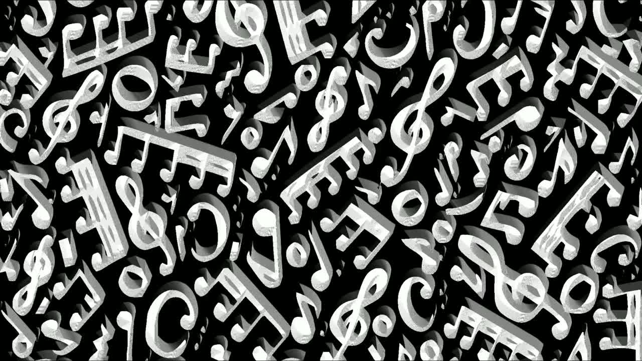 Pretty black and white musical notes floating in the black background - Slow motion