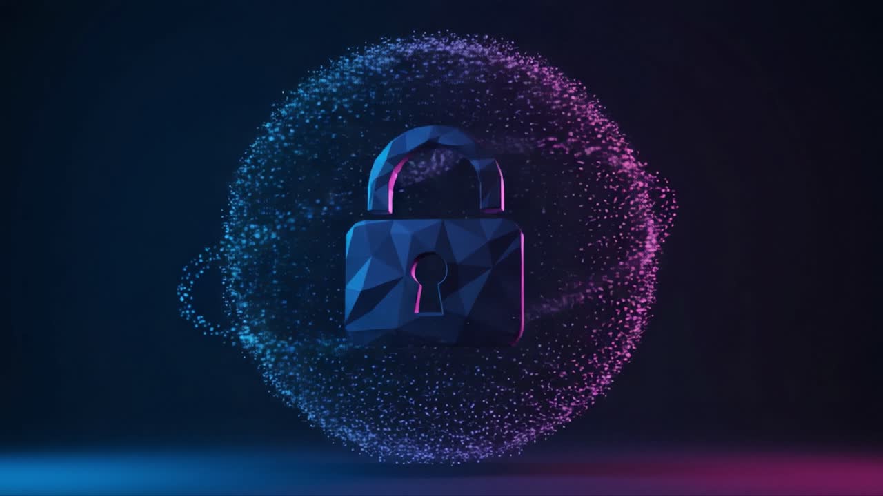 A Modern Digital Illustration of a Secure Padlock Surrounded by a Luminous Sphere of Particles, Representing Cybersecurity and Data Protection Concepts