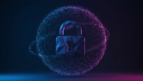 a modern digital illustration of a secure padlock surrounded by a luminous sphere of particles, representing cybersecurity and data protection concepts