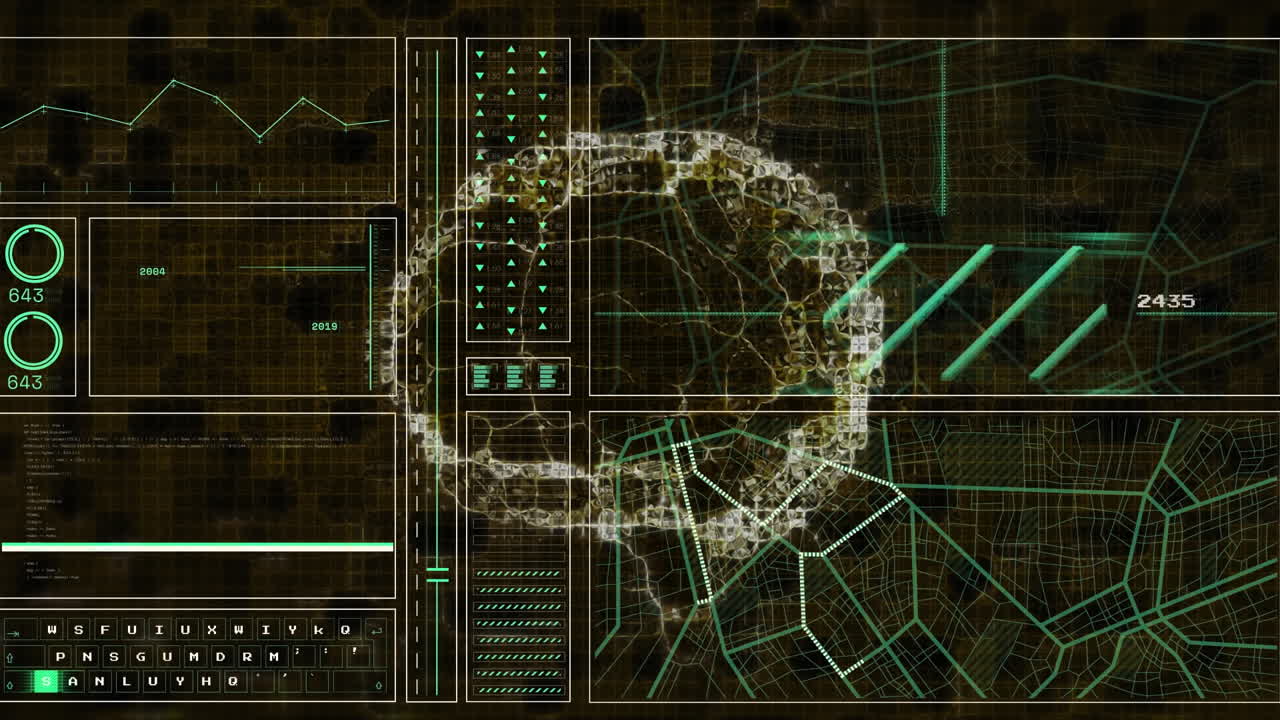 Animation of globe rotating over human brain and data processing on screen