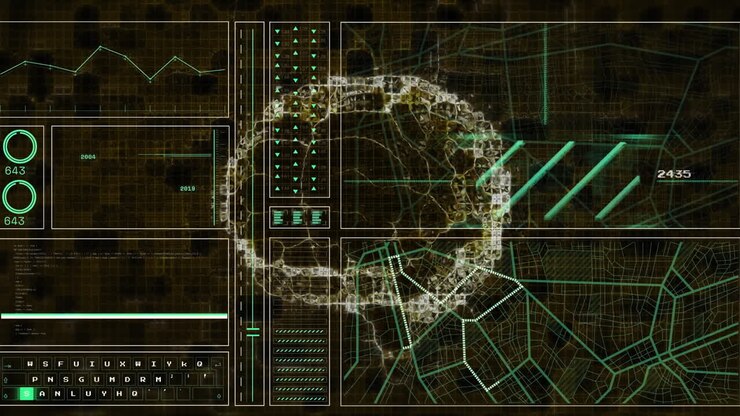Animation of globe rotating over human brain and data processing on screen