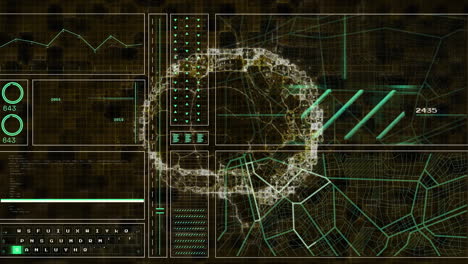 animación del globo girando sobre el cerebro humano y procesamiento de datos en la pantalla