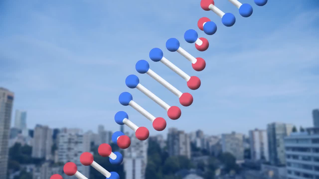 animación de la cadena de adn sobre el paisaje urbano