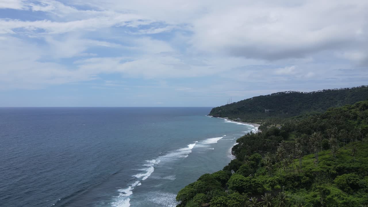 Vista aerea di una costa tropicale con onde che si infrangono sulla spiaggia