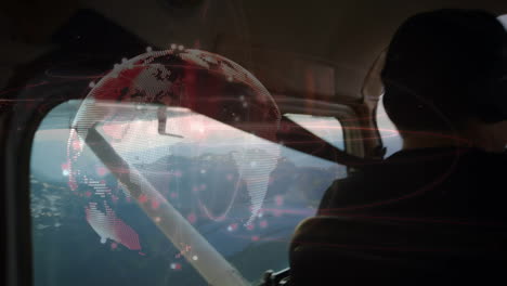 animación del globo con red de conexiones sobre el piloto en el avión