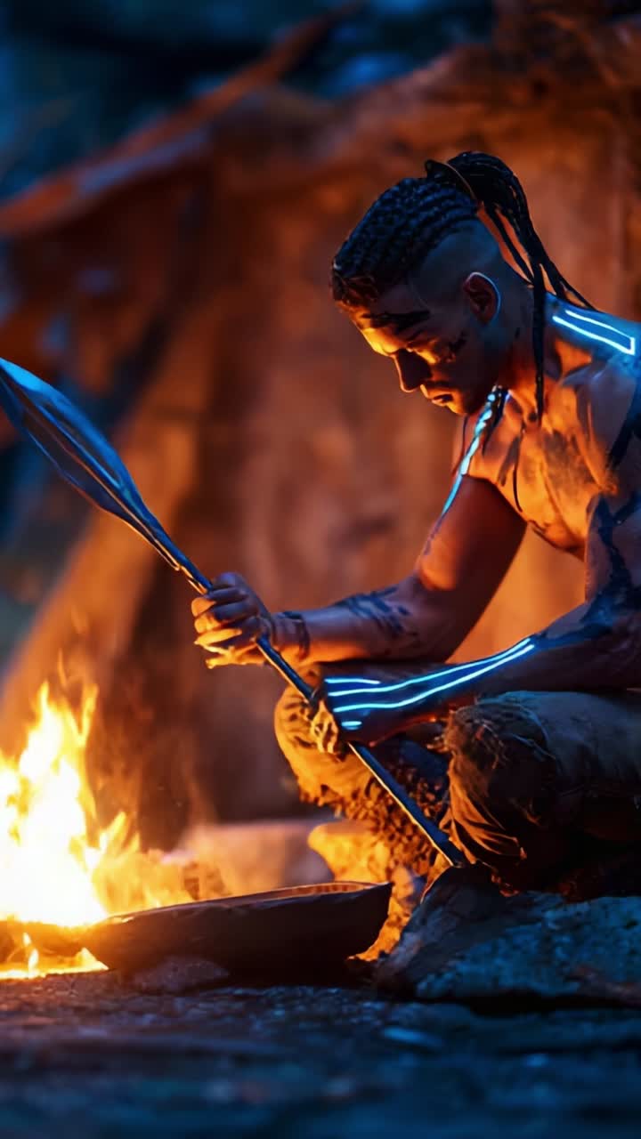 A Focused Individual Preparing Fire in a Primitive Setting, Undertaking Craftsmanship with a Paddle and Displaying Cultural Symbols of Resilience and Strength