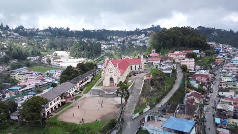 drone view of sacred heart church in kodaikanal town, dindigul, tamil nadu, india