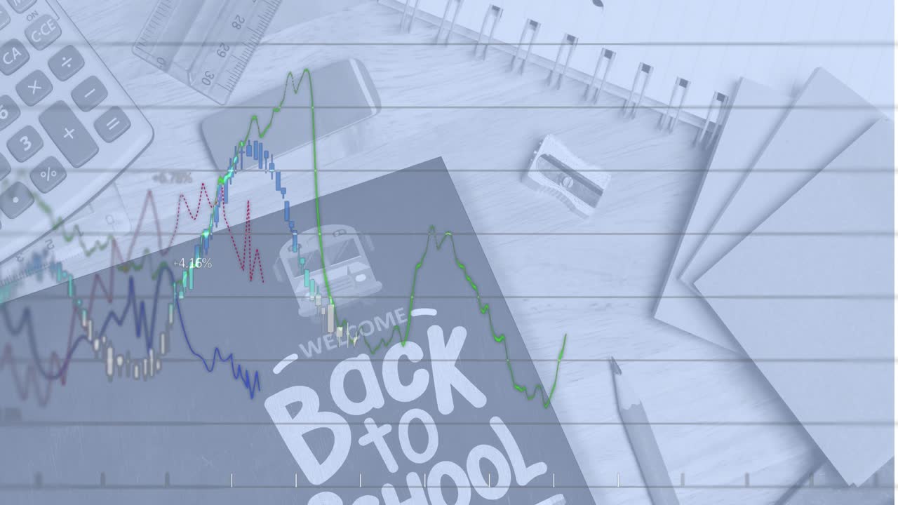 Animation of line graph and welcome back to school text on tablet screen with stationery on table