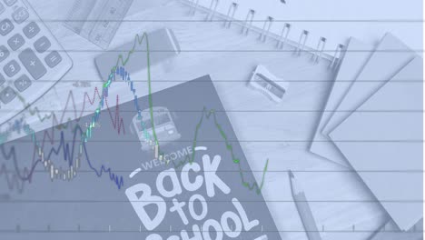 animation of line graph and welcome back to school text on tablet screen with stationery on table