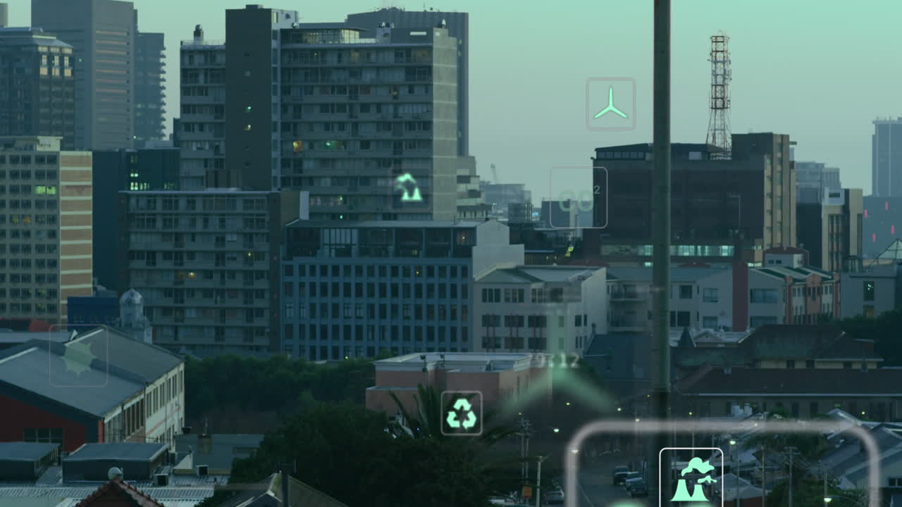 도시 풍경 위의 아이콘으로 데이터 처리의 애니메이션