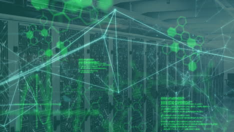 animazione del monitor della frequenza cardiaca, della rete di connessioni e dell'elaborazione dei dati contro la sala server