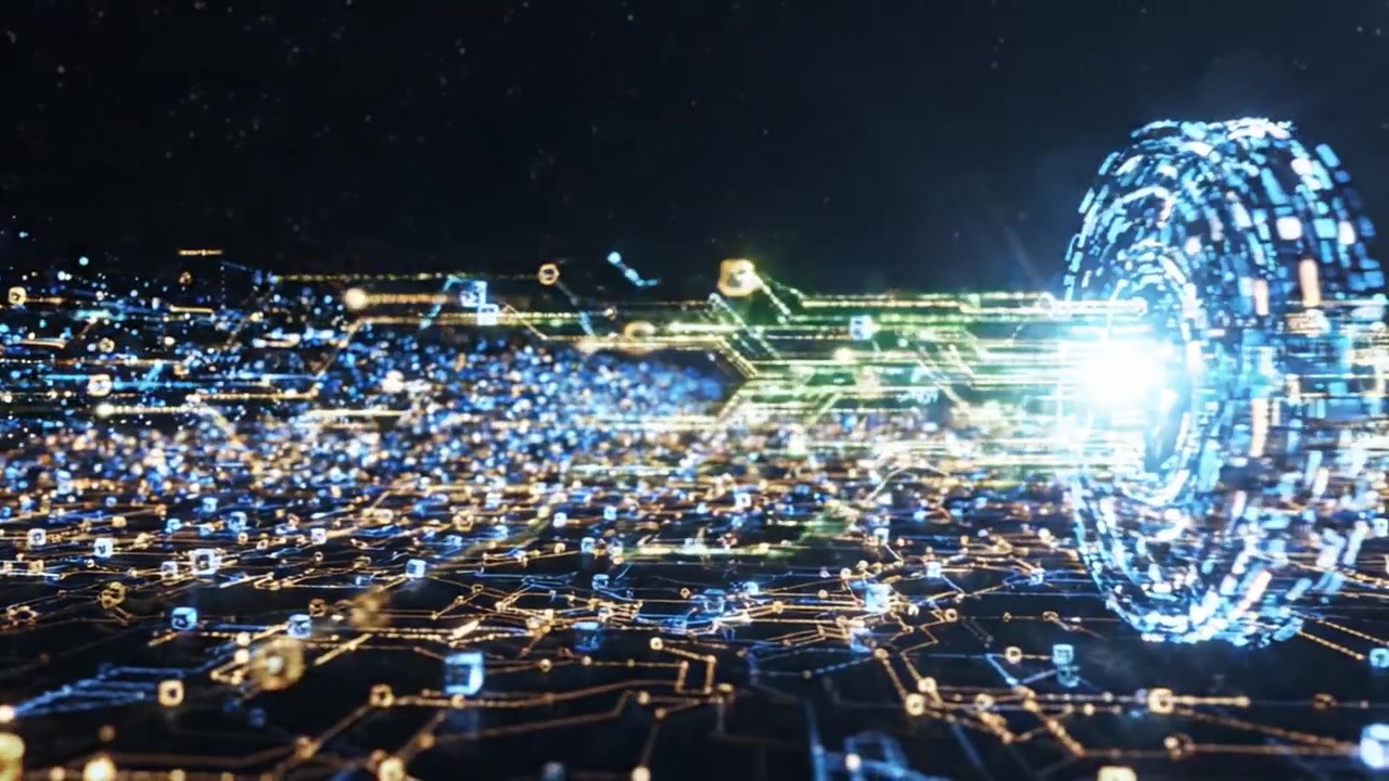 En illustrativ reise gjennom dynamiske partikler og levende lys i et futuristisk digitalt rike som representerer dataflyt og tilkobling