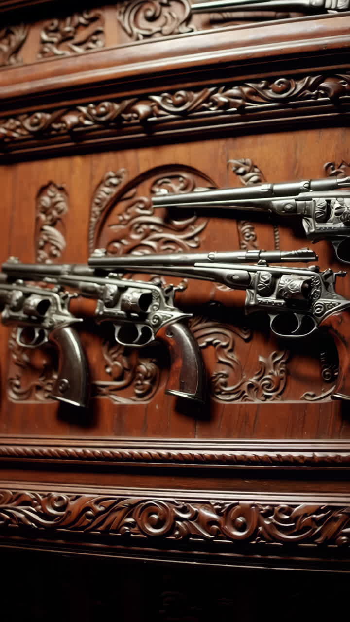 Antique Revolvers Displayed on Carved Wooden Panel