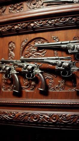antique revolvers displayed on carved wooden panel