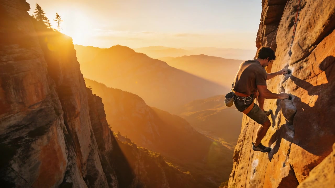 Scalatore che sposta il peso sale una scogliera al tramonto, raggiungendo appigli, in pantaloncini, imbracatura e corda, spazio per il testo.