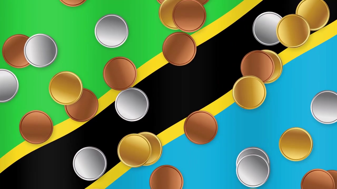 Mixed metallic coins fall continuously over a waving Tanzania national flag background in 3D animation.
