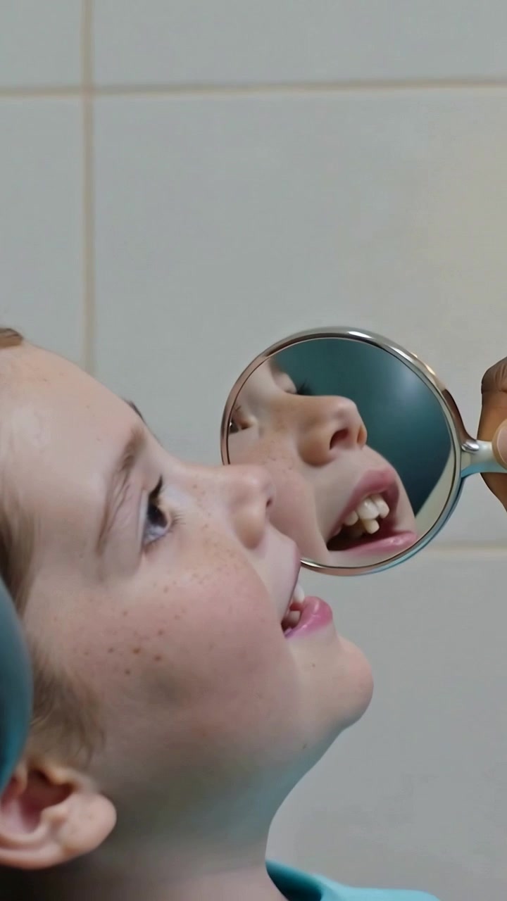 Vertical video: Seeing tech holding mirror, kid in blue top leaning checking teeth in dental chair