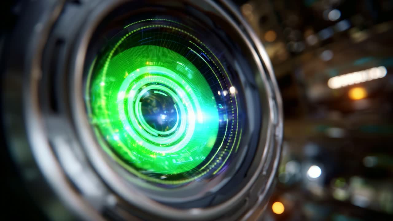 Primo piano dell'obiettivo di una fotocamera high-tech con vivaci motivi colorati che riflettono la luce ed elementi digitali che mostrano una tecnologia ottica avanzata