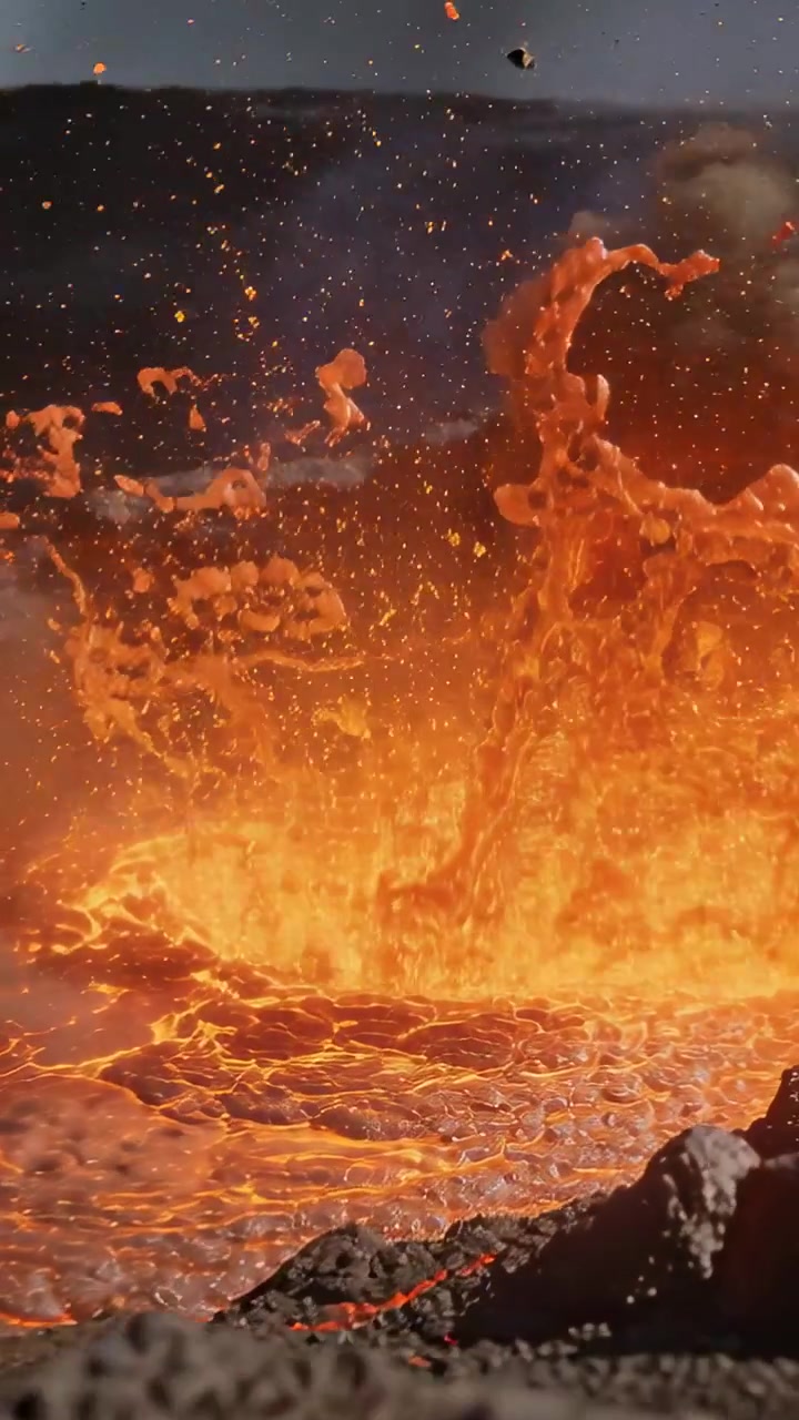 Vertical video: Releasing gas, lava column rising and splashing at crater rim, with glowing pool