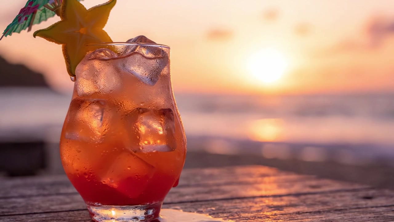 Un rinfrescante cocktail tropicale servito su un tavolo in riva al mare al tramonto, che mostra colori vivaci e una deliziosa guarnizione di carambola su uno sfondo oceanico sereno.