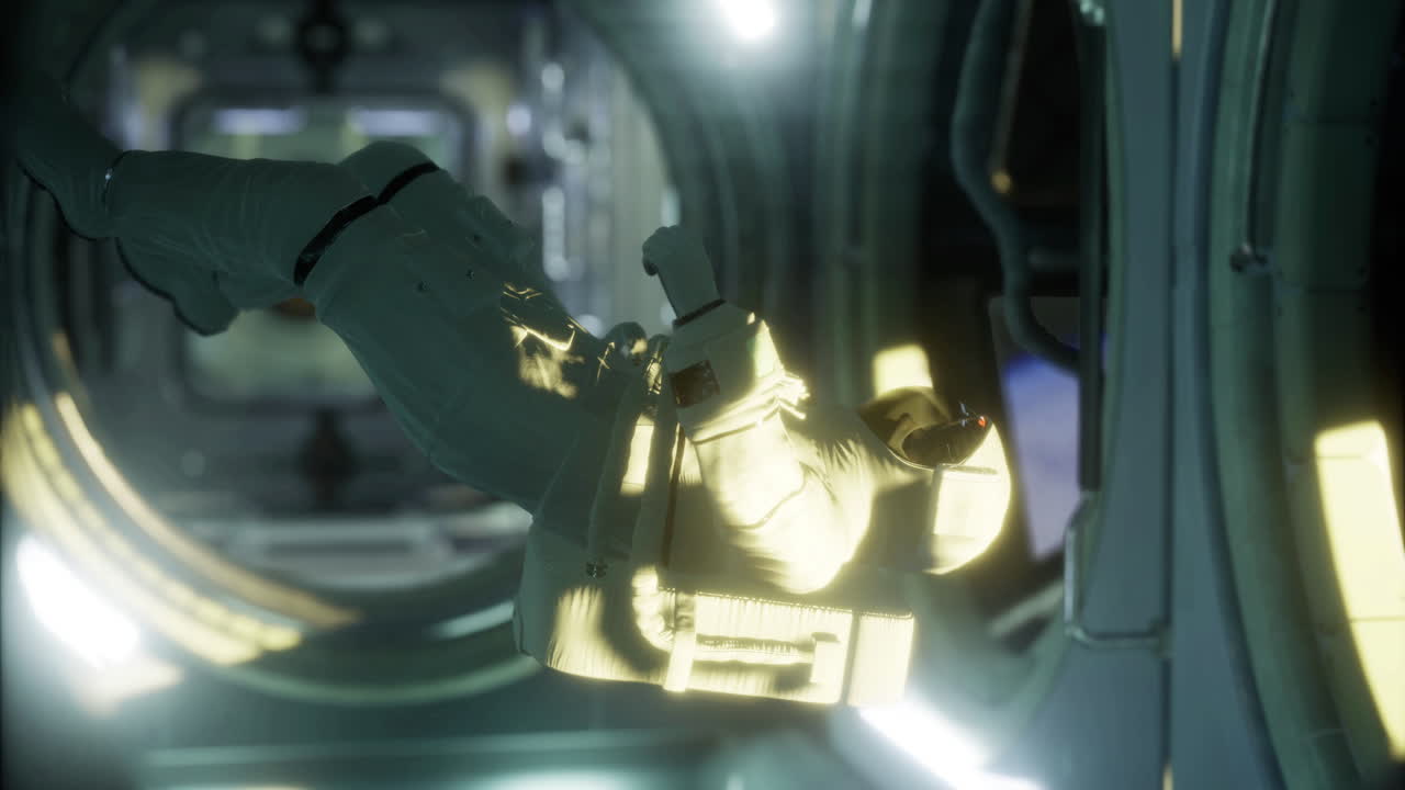 Astronaut floating inside a futuristic spacecraft during space exploration