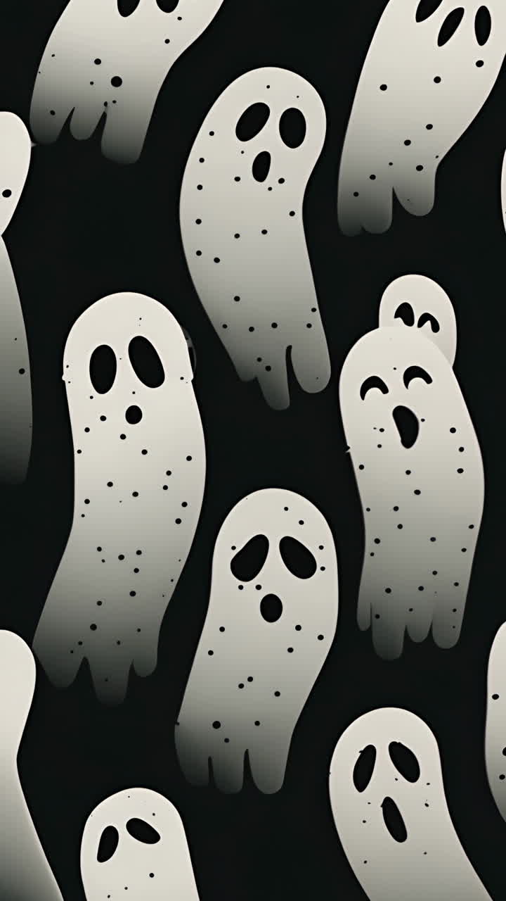 Floating spooky cartoon ghosts on dark background, Halloween-themed illustration