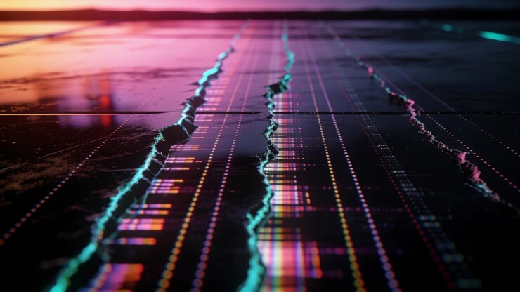 Camera moving forward, following three glowing ridges scrolling on glossy floor, revealing data