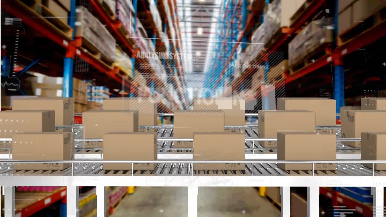 Animazione di elaborazione di statistiche su nastri trasportatori con scatole