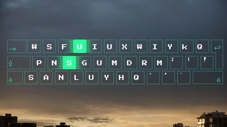 Animation of illuminated pattern moving on keyboard over modern buildings against scenic sky