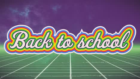 animation of colorful back school text moving over grid patterns against violet background