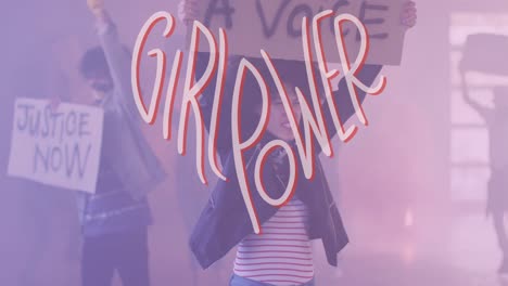 animación de texto de girl power sobre diversas mujeres que sostienen pancartas