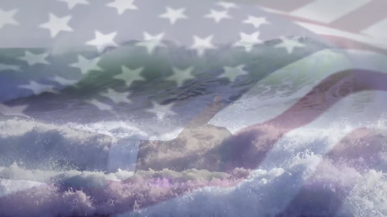 composición digital de ondear la bandera argentina sobre la mano mostrando los pulgares hacia arriba contra las olas del mar