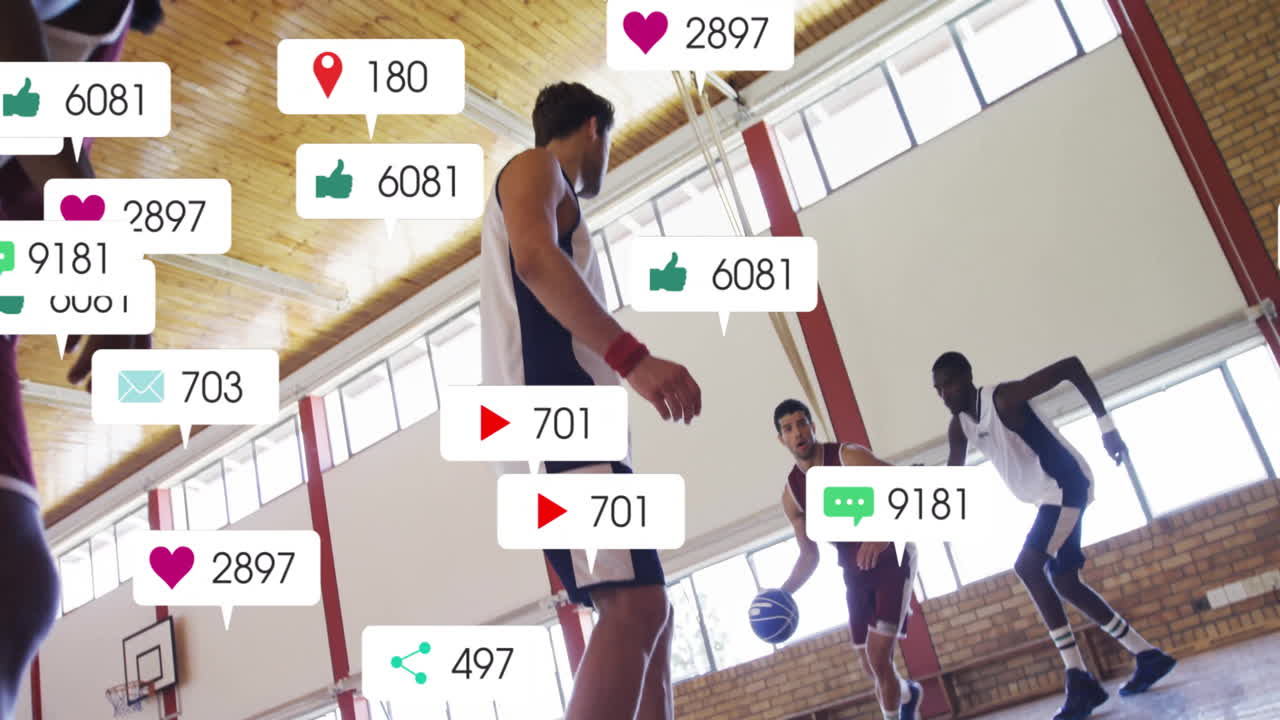 animación del procesamiento de datos digitales sobre diversos jugadores de baloncesto