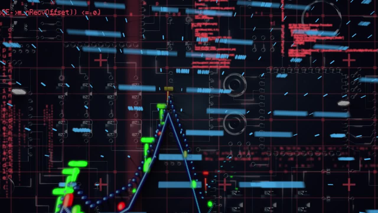 Animation of financial graphs over data processing on black digital screen