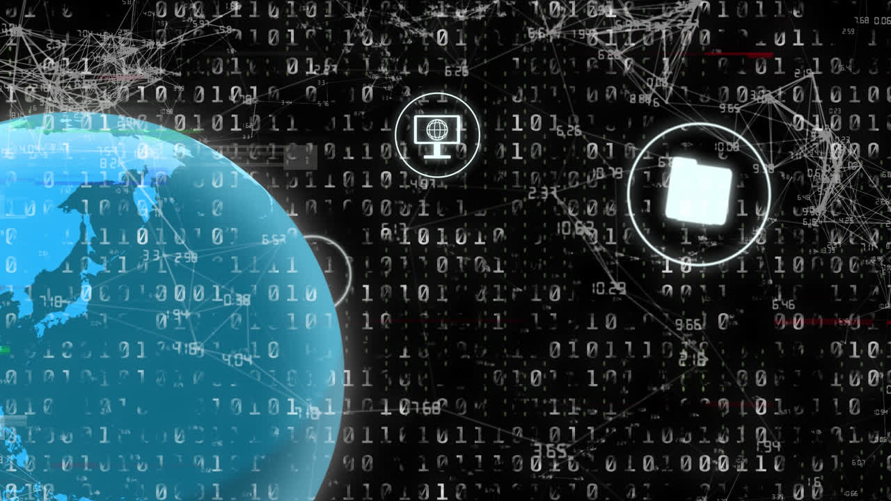 animación del globo con iconos y procesamiento de datos de codificación binaria.