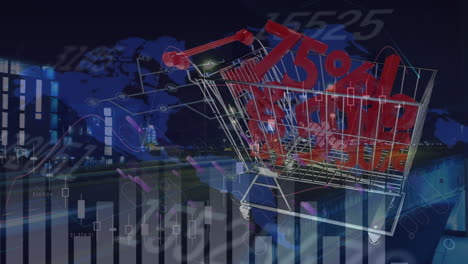 animación del procesamiento de datos y el mapa del mundo sobre el carrito de la tienda