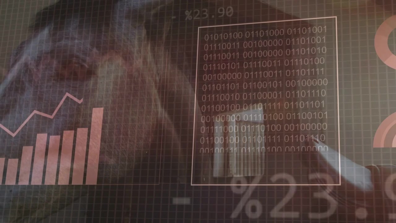 ANALYSING DATA appearing, starting HUD, male shifting gaze while panels expanding for analytics