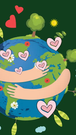 animation of hearts floating over hands holding globe on green background