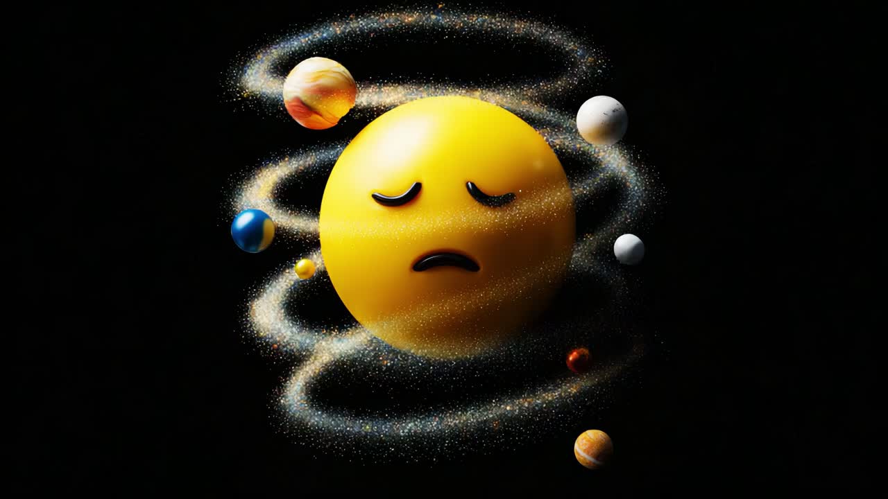 A reflective yellow emoji, expressing sadness, amidst a cosmic swirl of planets and stars, capturing the emotional turmoil of space in a mesmerizing digital artwork