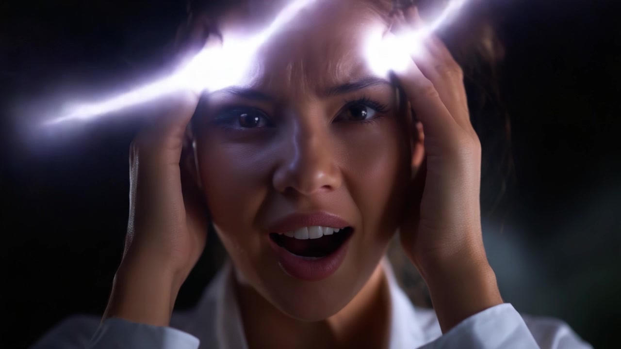 Una donna sperimenta un intenso stress emotivo mentre reagisce a un'ondata di energia e pensieri, mostrando l'impatto di sentimenti travolgenti sulla sua mente e sul suo corpo.