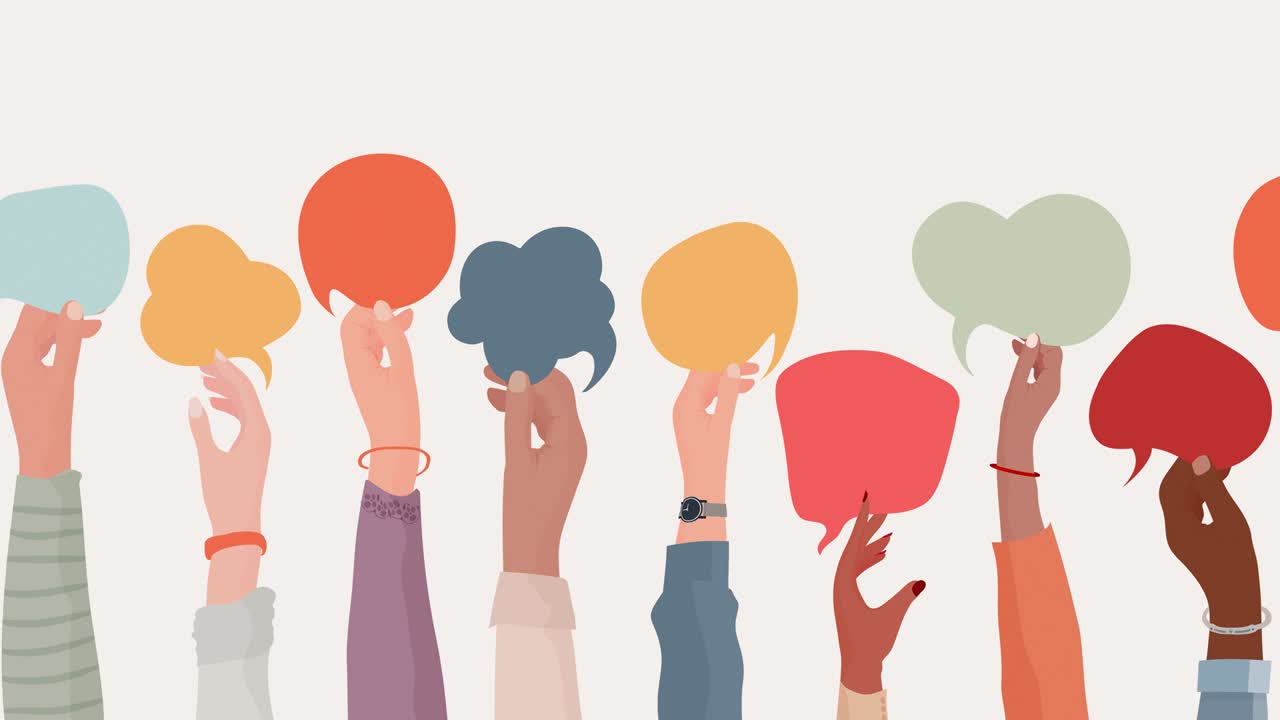 연설 거품을 들고 있는 다민족 집단의 손과 팔을 올린 일러스트레이션: 네트워크 연결과 공유의 개념: 다양성: 남자, 여자, 소년, 소녀, 팀워크, 협력