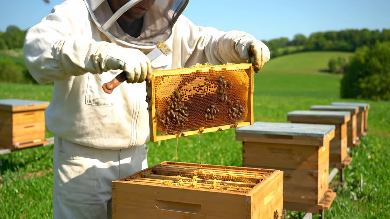 Apicoltore che ispeziona un favo in un apiario