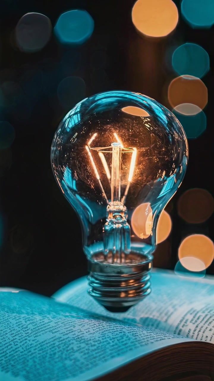 Glowing Light Bulb Resting on an Open Book