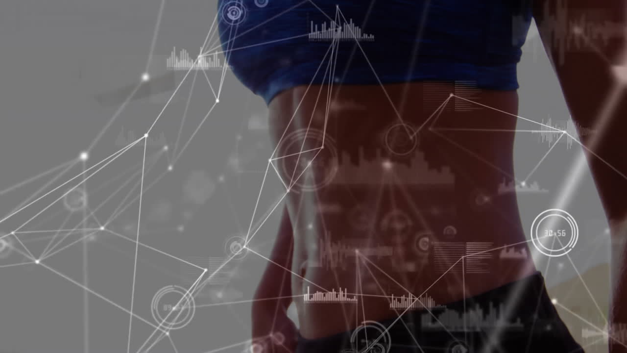 Digital data network animation over person exercising, showing fitness metrics