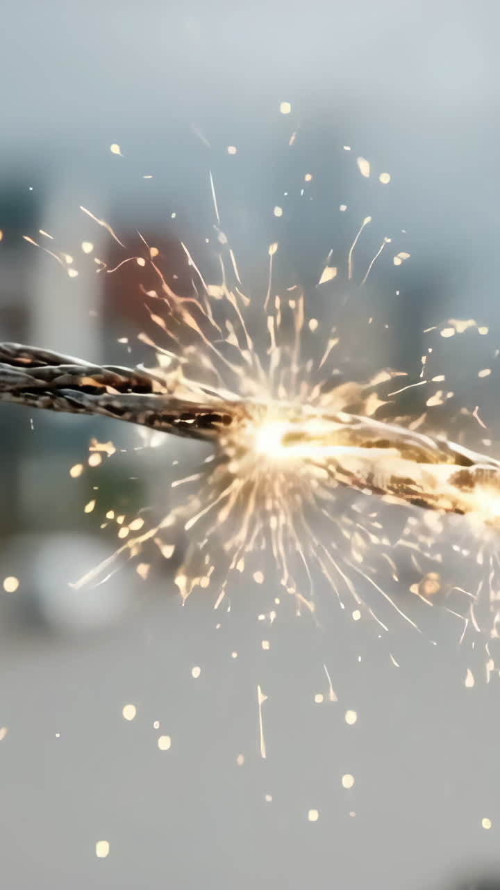 Metal cable snaps while under tension. A metal cable fractures, sending sparks as it breaks. This event captures the tension and energy of the moment.