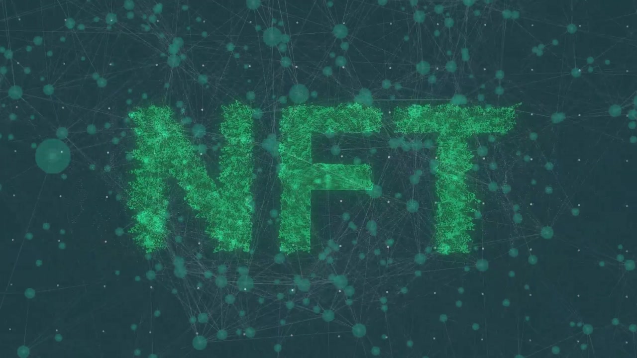 Animazione di NFT e connessioni su sfondo blu scuro