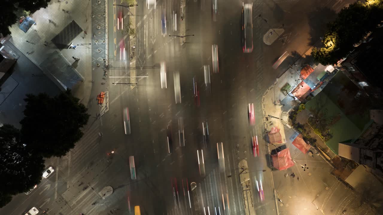 Aerial View of a Busy City Intersection at Night